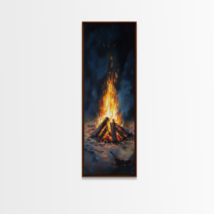 Glowing Campfire Night Landscape Wall Art, Rustic Cabin Decor, Moody Nature Art Print, Cozy Winter Living Room Decor Gift