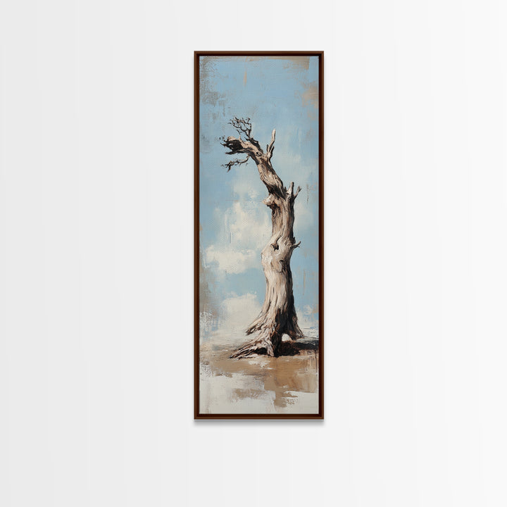 Lone Weathered Tree Wall Art, Rustic Landscape Painting, Minimalist Nature Print, Neutral Farmhouse Living Room Decor Gift