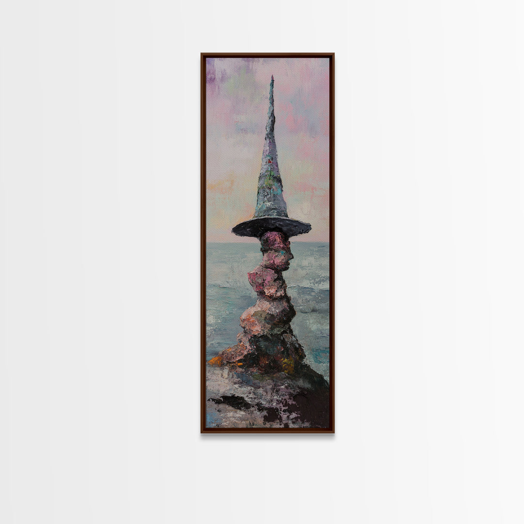 Whimsical Wizard Hat Rock Tower Wall Art, Fantasy Seascape, Surreal Art Print, Magical Coastal Decor, Unique Gift, Living Room Decor