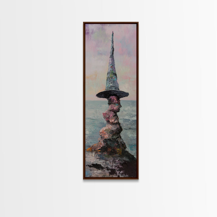 Whimsical Wizard Hat Rock Tower Wall Art, Fantasy Seascape, Surreal Art Print, Magical Coastal Decor, Unique Gift, Living Room Decor