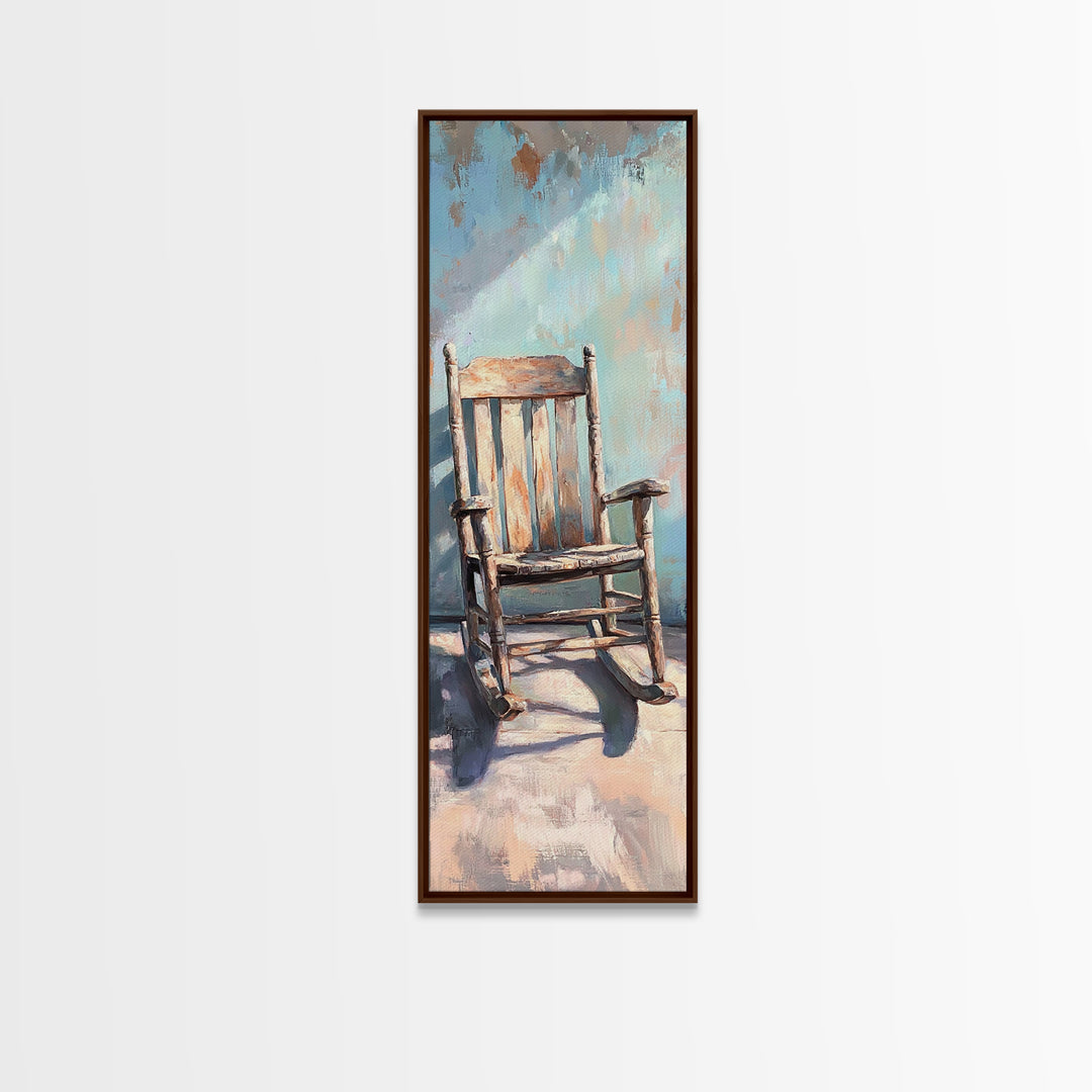 Sunlit Wooden Rocking Chair Wall Art, Rustic Farmhouse Decor, Country Home Decor, Neutral Canvas Print, Cozy Living Room Art