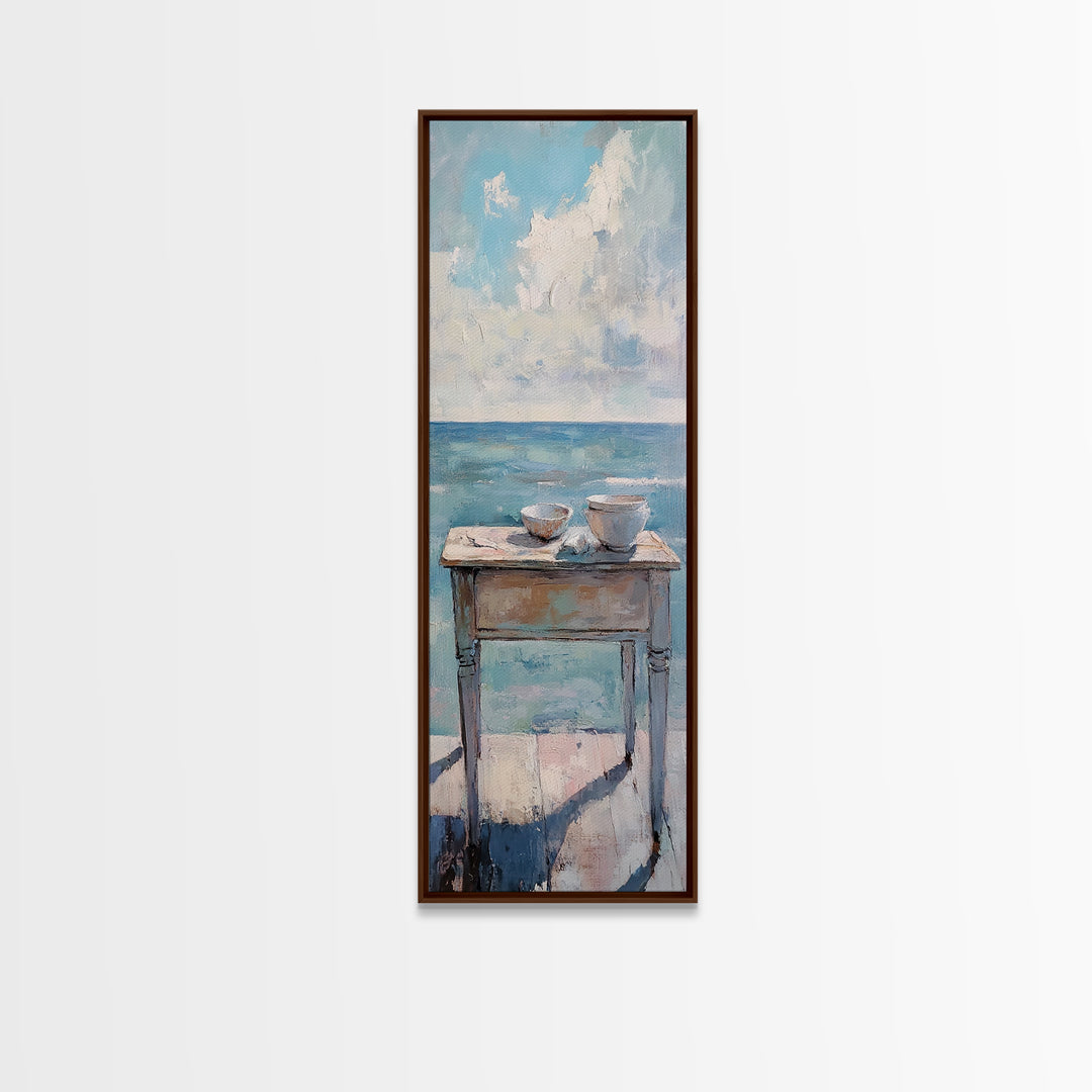 Two Teacups By The Sea Coastal Still Life Wall Art, Ocean Canvas Wall Decor, Beach House Living Room Decor, Neutral Seascape Kitchen Print