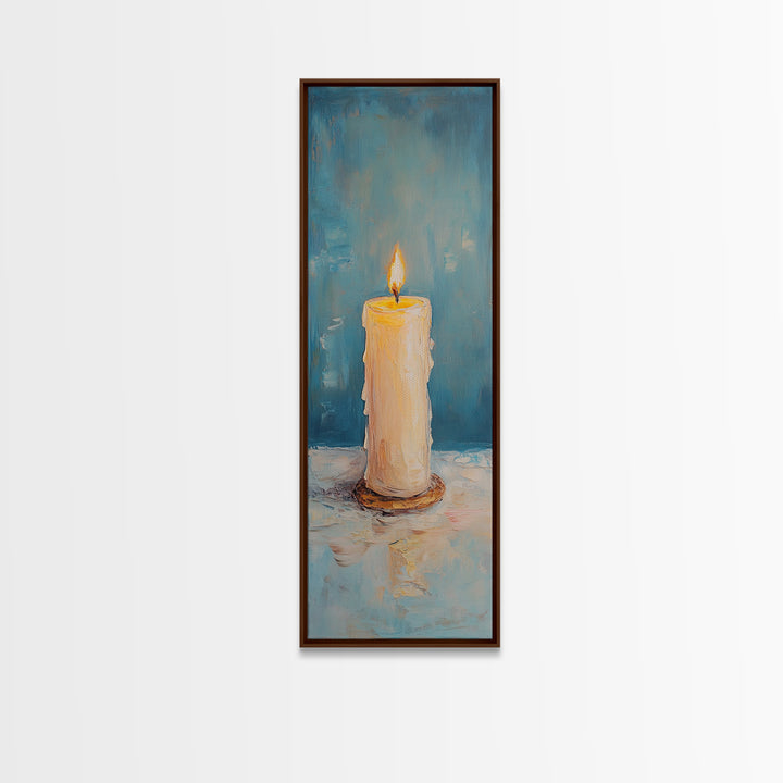 Glowing Pillar Candle Still Life Framed Canvas Print, Moody Wall Art, Meditation Room Decor, Spa Bathroom Art, Cozy Home Decor