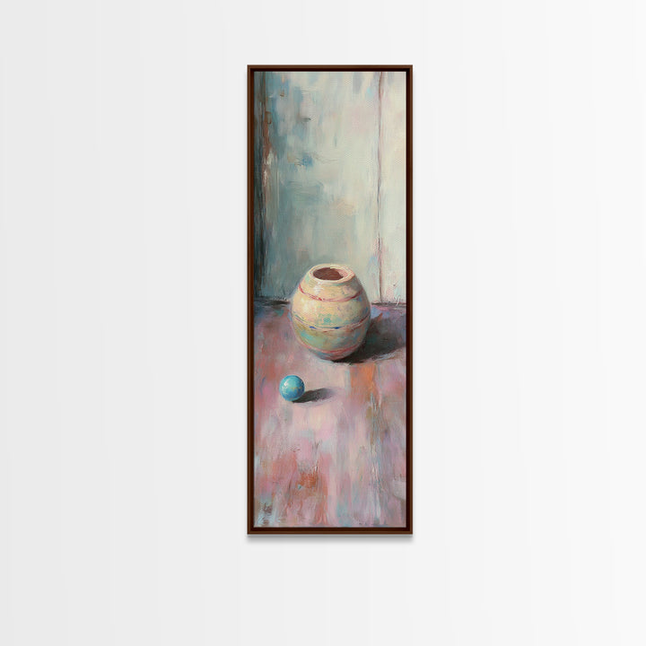 Small Ceramic Pot And Blue Ball Still Life Wall Art, Pastel Minimalist Canvas Print, Wabi Sabi Decor, Soft Abstract Art Print