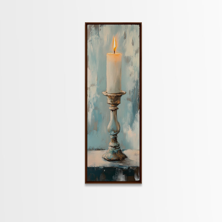 Lit Candle On Antique Holder Framed Canvas Print, Moody Still Life Wall Art For Rustic Home Decor, Spiritual Gift, Housewarming Gift