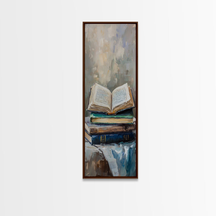Open Book Stack Library Wall Art, Cozy Dark Academia Canvas Print For Reading Nook Decor, Book Lover Gift, Office Decor, Home Decor
