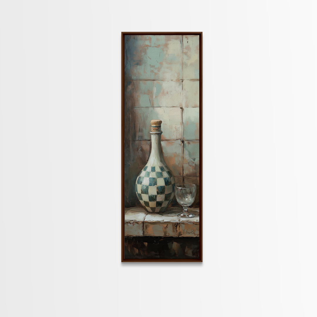 Checkered Ceramic Bottle And Wine Glass Wall Art, Rustic Kitchen Decor, Mediterranean Still Life Canvas Print For Dining Room