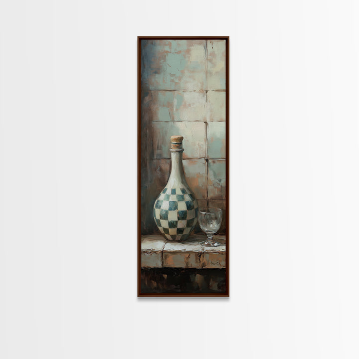 Checkered Ceramic Bottle And Wine Glass Wall Art, Rustic Kitchen Decor, Mediterranean Still Life Canvas Print For Dining Room