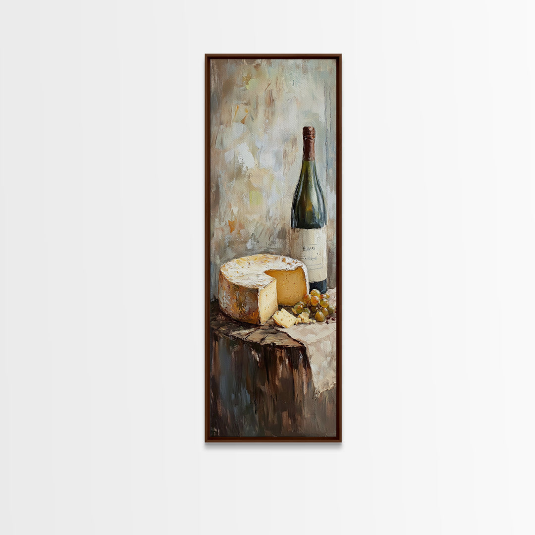 Cheese Wheel Wine Bottle And Grapes Wall Art, Rustic Kitchen Decor, Foodie Gift, French Farmhouse Canvas Print For Dining Room