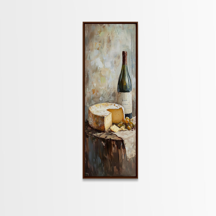 Cheese Wheel Wine Bottle And Grapes Wall Art, Rustic Kitchen Decor, Foodie Gift, French Farmhouse Canvas Print For Dining Room