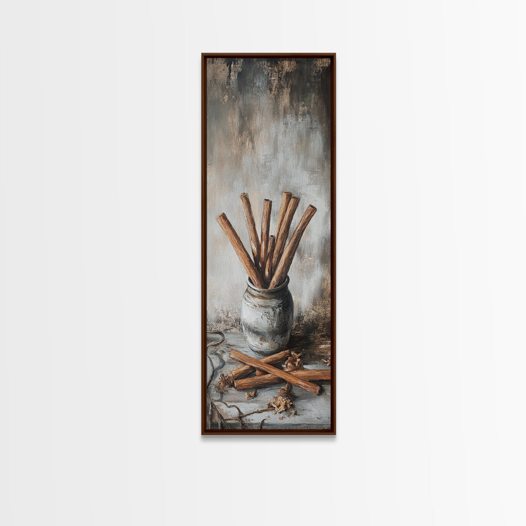 Cinnamon Sticks In Rustic Jar Wall Art, Farmhouse Kitchen Decor, Spice Still Life Canvas Print, Cozy Cafe Art Gift, Home Decor