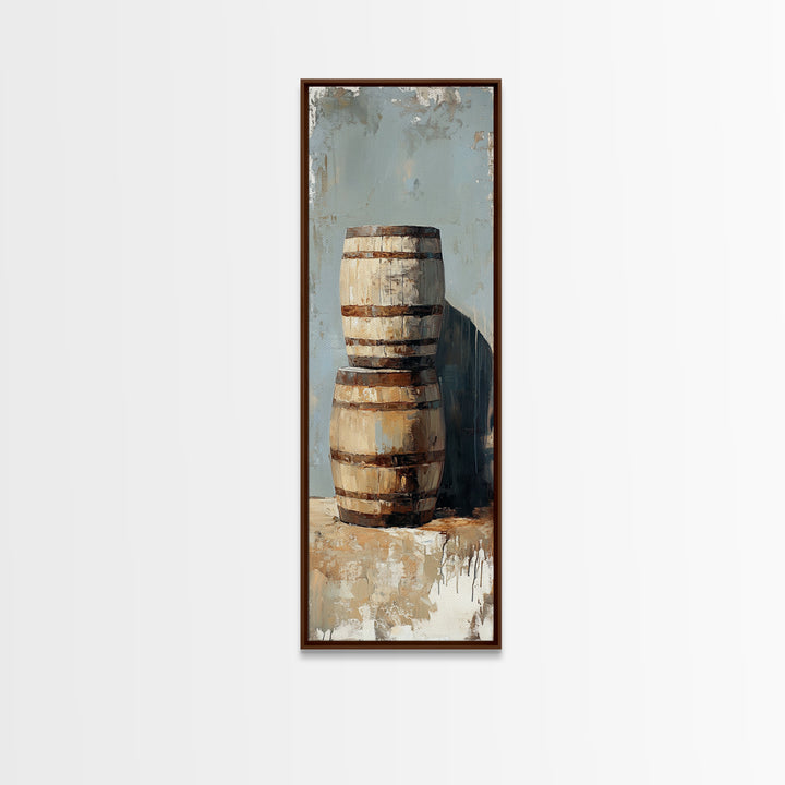 Rustic Wooden Barrels Still Life Wall Art, Farmhouse Winery Decor, Country Framed Canvas Print, Housewarming Gift Home Decor