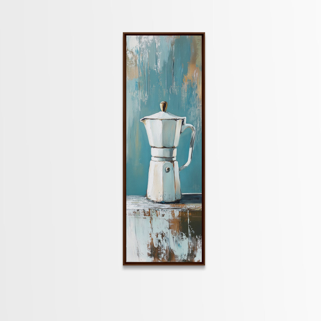 White Moka Pot Still Life Wall Art, Rustic Kitchen Decor, Coffee Bar Art Print, Farmhouse Canvas, Housewarming Gift For Coffee Lover