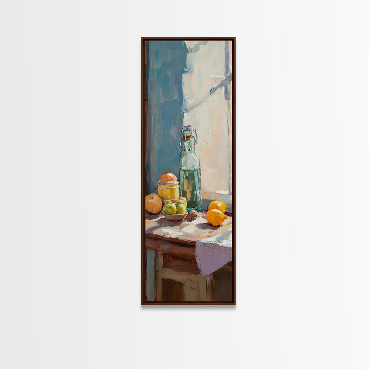 Sunlit Lemons And Glass Bottle Wall Art, Mediterranean Kitchen Decor, Citrus Still Life Canvas Print, Dining Room Art Print