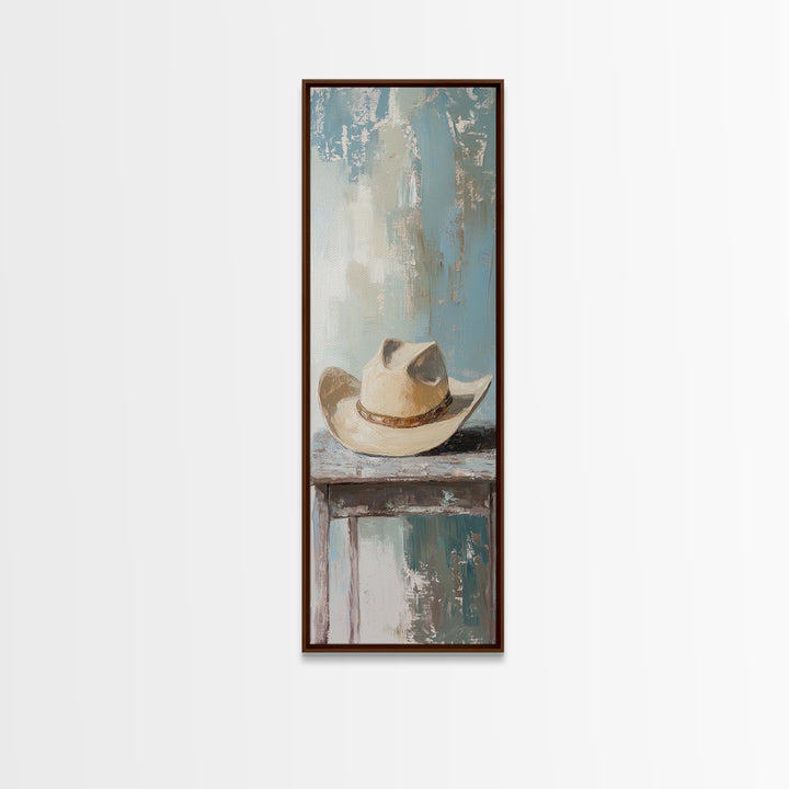 White Cowboy Hat On Table Canvas Print, Western Wall Art, Rustic Ranch Decor, Neutral Southwestern Farmhouse Home Decor, Gift For Him