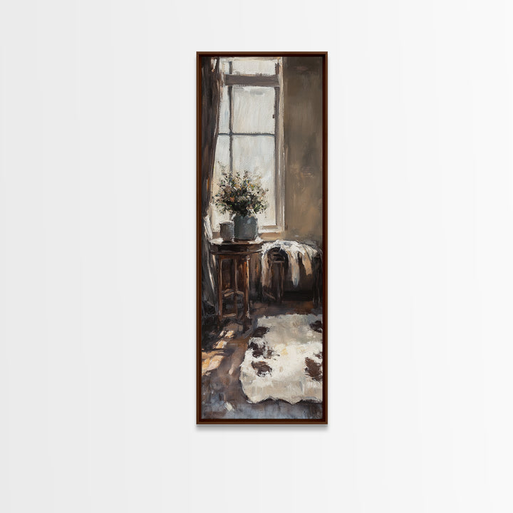 Rustic Window Chair And Cowhide Rug Wall Art, Farmhouse Canvas Print, Cozy Country Home Decor, Neutral Living Room Art Print