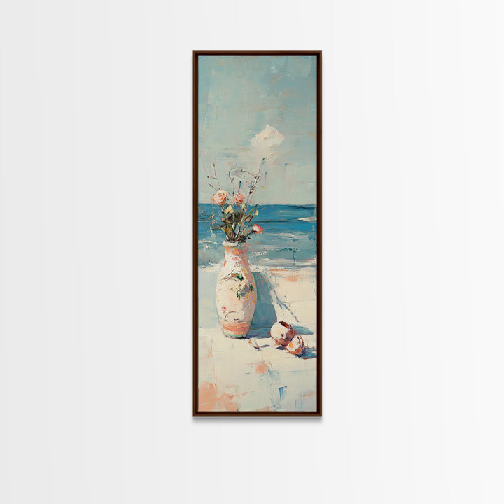 Seaside Flower Vase With Shells Canvas Print, Coastal Wall Art, Beach House Decor, Ocean Wall Decor, Summer Home Decor, Gift For Her