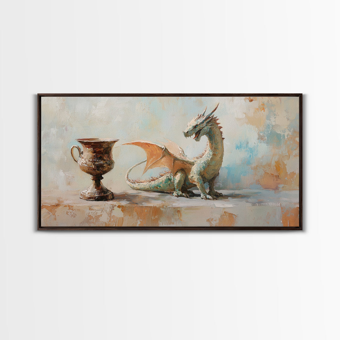 Small Dragon And Goblet Wall Art, Fantasy Canvas Print, Mythical Creature Decor, Kids Room Art, Unique Gift For Him, Nursery Wall Art