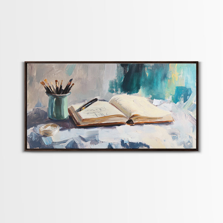 Open Sketchbook With Brushes Wall Art, Creative Studio Canvas Print, Gift For Artist, Office Decor, Modern Home Decor, Living Room Decor