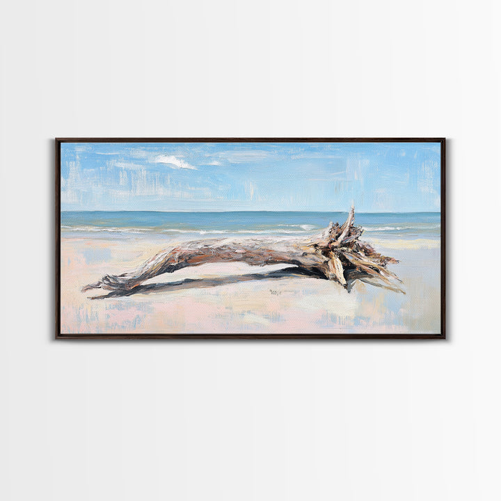 Weathered Driftwood On Beach Wall Art, Coastal Canvas Print, Ocean Landscape Art, Beach House Decor, Seaside Wall Decor Print