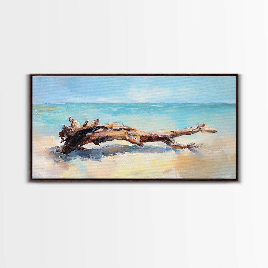 Sunlit Driftwood On Turquoise Shore Wall Art, Coastal Canvas Print, Beach House Decor, Ocean Art, Nautical Home Decor, Living Room Decor