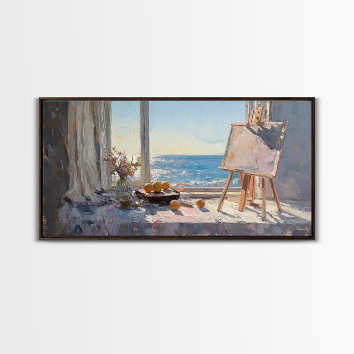 Sunlit Ocean View Art Studio Wall Art, Coastal Canvas Print, Easel And Lemons Still Life, Creative Office Decor, Beach House Decor