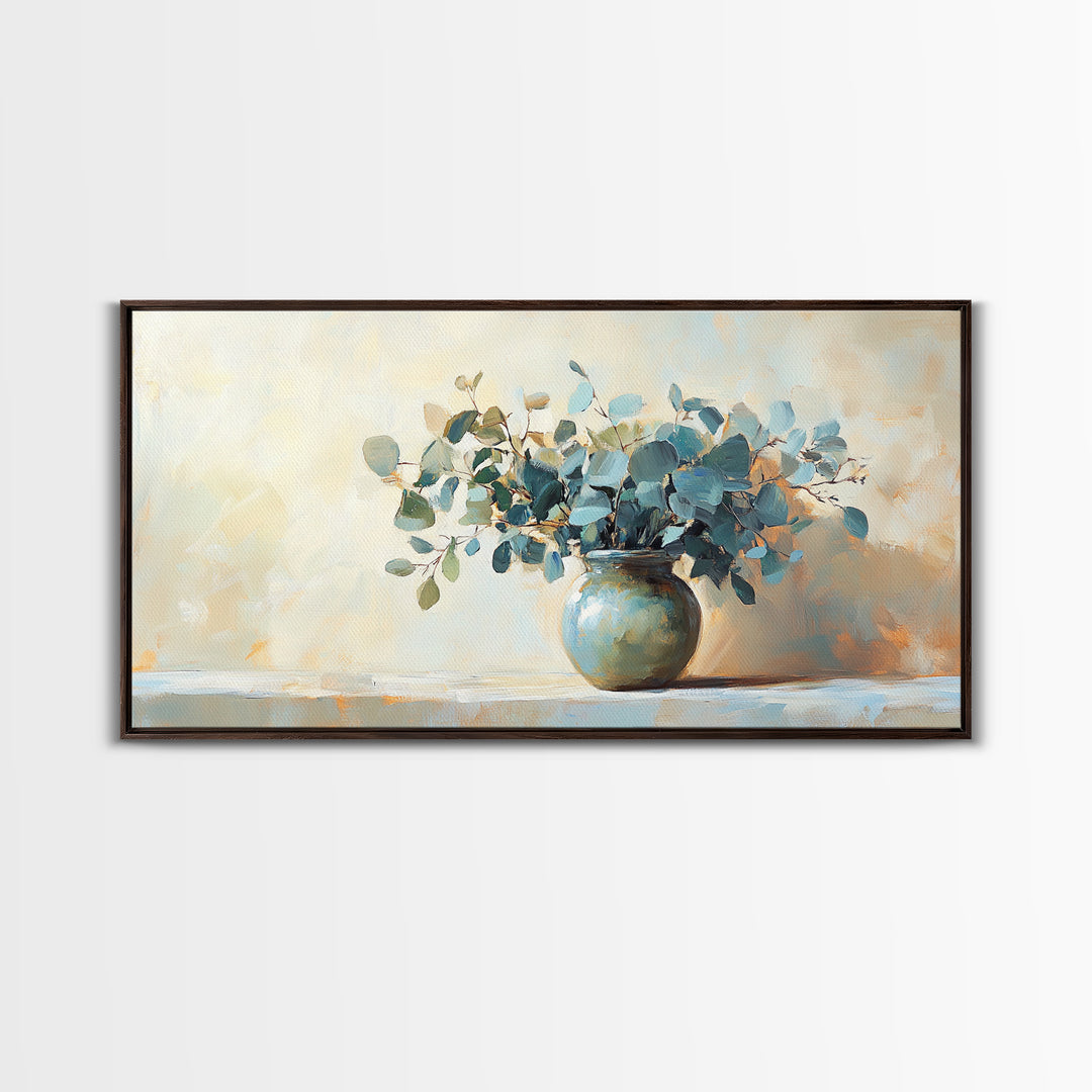Blue Eucalyptus Vase Still Life Wall Art, Botanical Canvas Wall Decor, Neutral Living Room Decor, Rustic Farmhouse Art Print