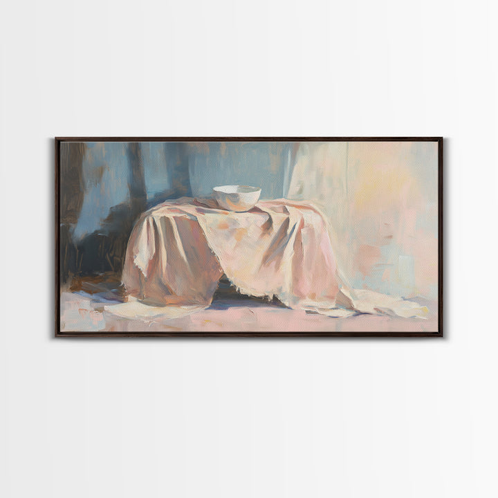 Soft Draped Table And Bowl Still Life Canvas Print, Minimalist Kitchen Wall Art, Neutral Home Decor, Fine Art Print, Dining Room Decor