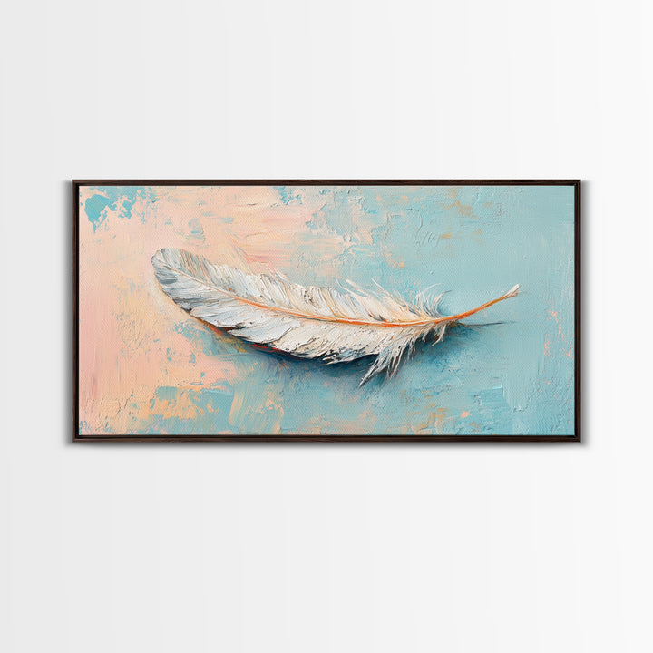 White Feather On Soft Blue Peach Texture Framed Canvas Print, Coastal Wall Art, Neutral Home Decor, Boho Bedroom Decor, Gift For Her
