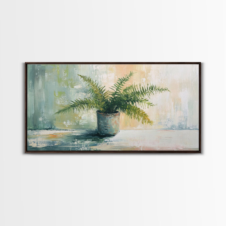 Potted Fern Plant In Textured Green Light Canvas Print, Botanical Wall Art, Nature Wall Decor, Japandi Home Decor, Office Decor