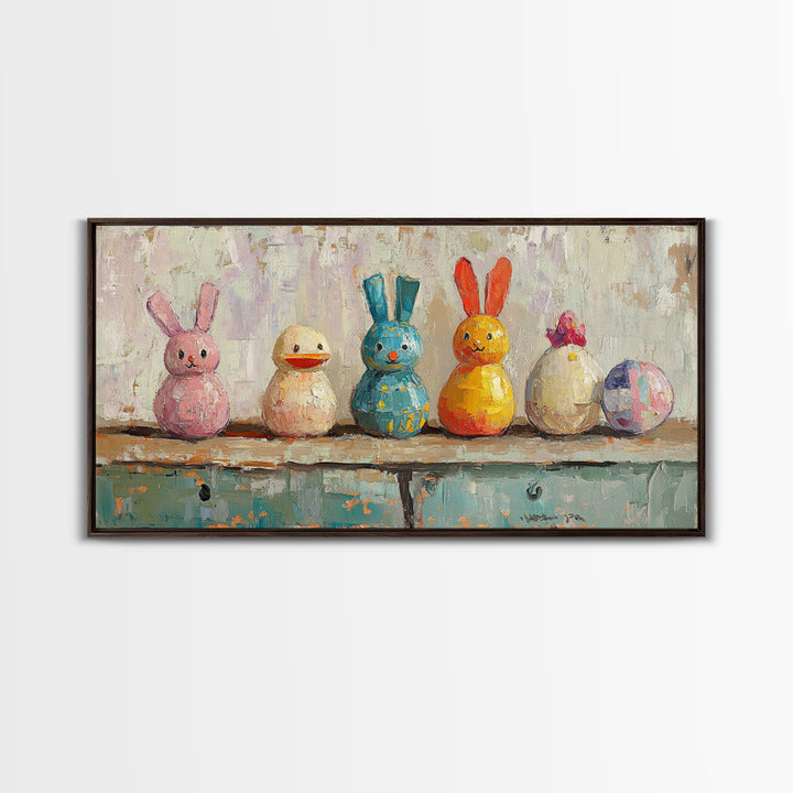 Whimsical Bunny And Duck Toys Framed Canvas Print, Nursery Wall Art, Kids Room Decor, Easter Gift, Playroom Wall Decor, Baby Shower Gift