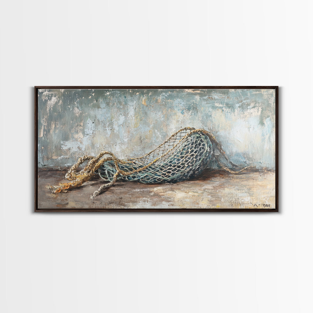 Weathered Fishing Net Framed Canvas Print, Nautical Wall Art, Coastal Home Decor, Rustic Seascape, Beach House Gift For Him