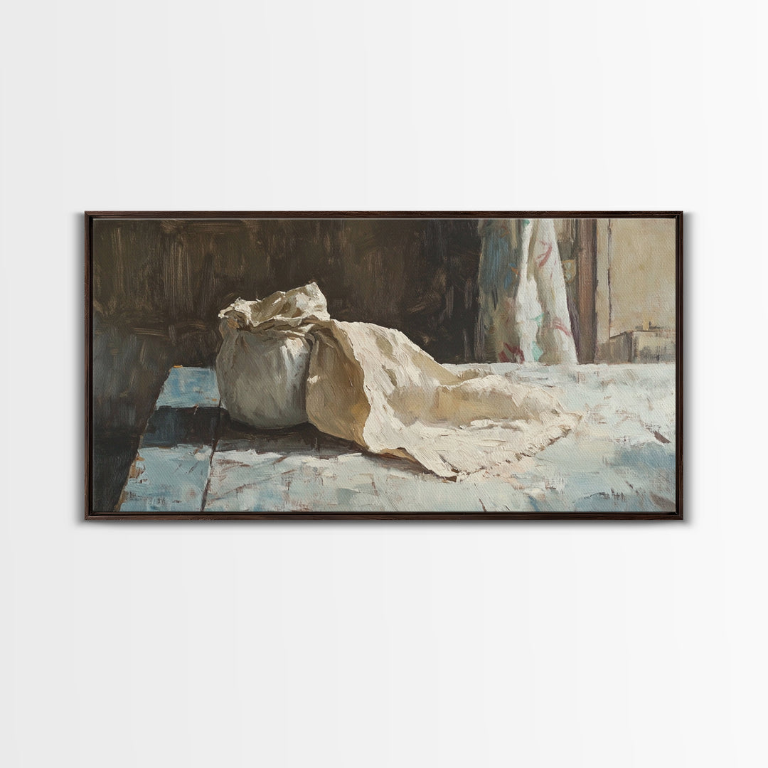 Rustic Flour Sack Still Life Wall Art, French Bakery Canvas Print, Country Kitchen Decor, Farmhouse Wall Decor Gift Idea