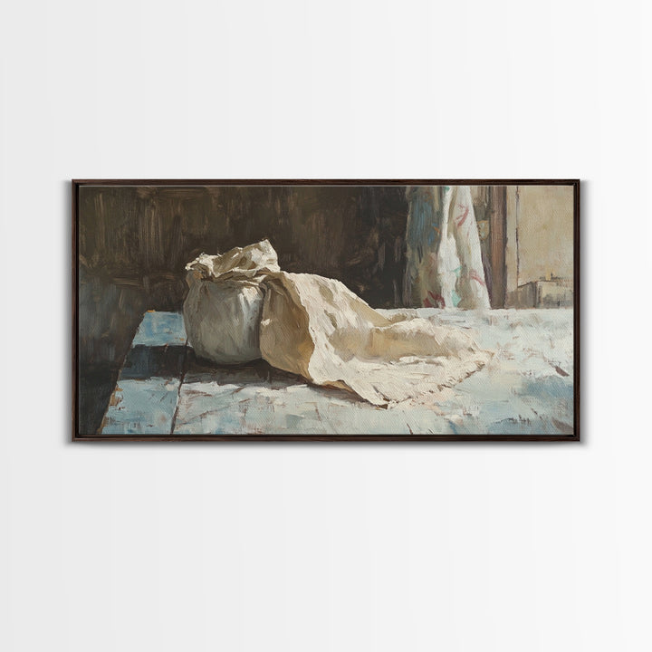 Rustic Flour Sack Still Life Wall Art, French Bakery Canvas Print, Country Kitchen Decor, Farmhouse Wall Decor Gift Idea