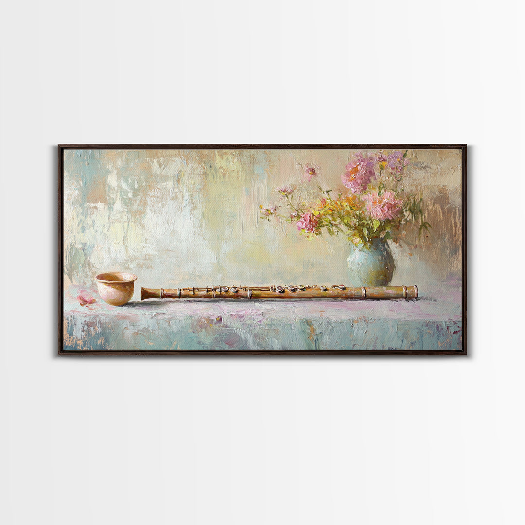 Rustic Flute Still Life With Pink Flowers, Framed Canvas Print, Music Room Wall Art, Farmhouse Decor, Gift For Music Lover