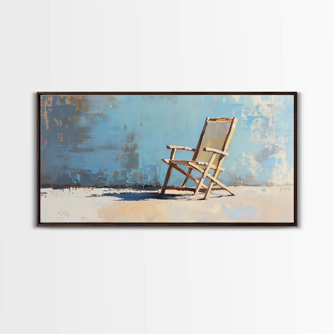 Minimal Beach Chair On Blue Wall, Canvas Print, Coastal Wall Art, Modern Home Decor, Beach House Decor, Living Room Wall Art