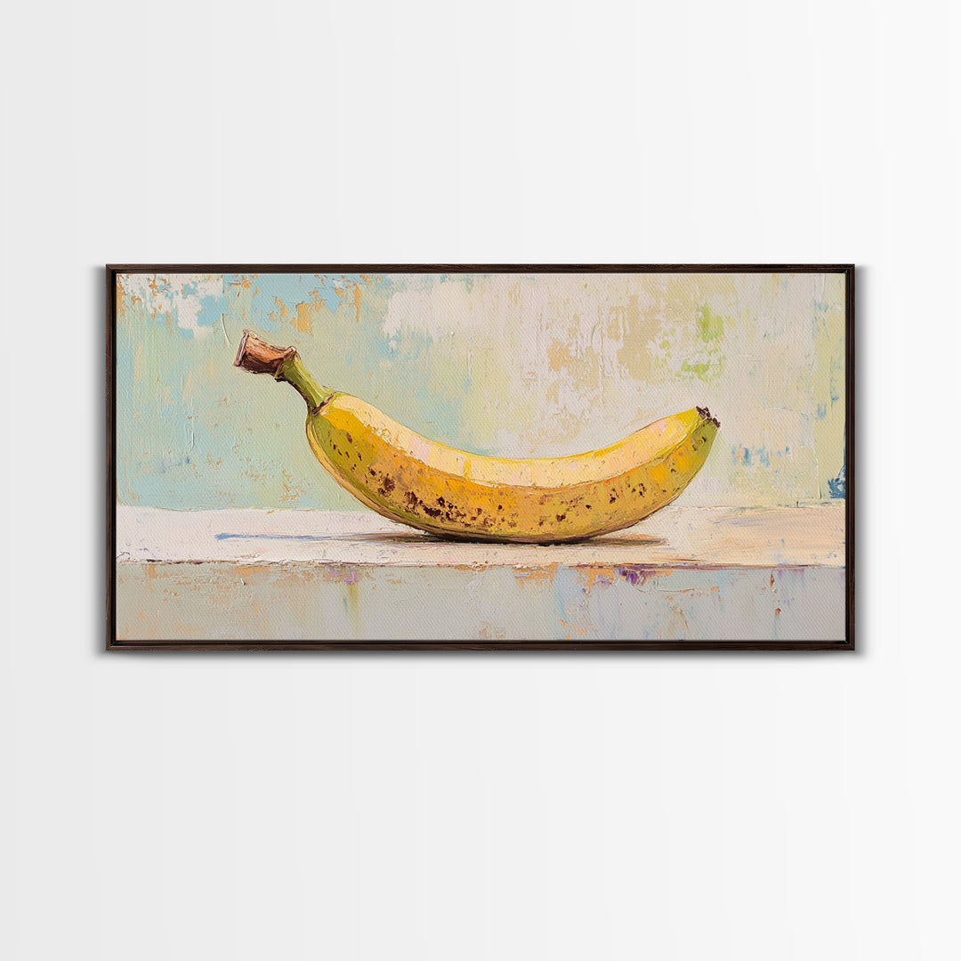 Bright Banana Still Life On Pale Blue, Framed Canvas Print, Kitchen Wall Art, Fruit Art, Colorful Kitchen Decor, Foodie Gift