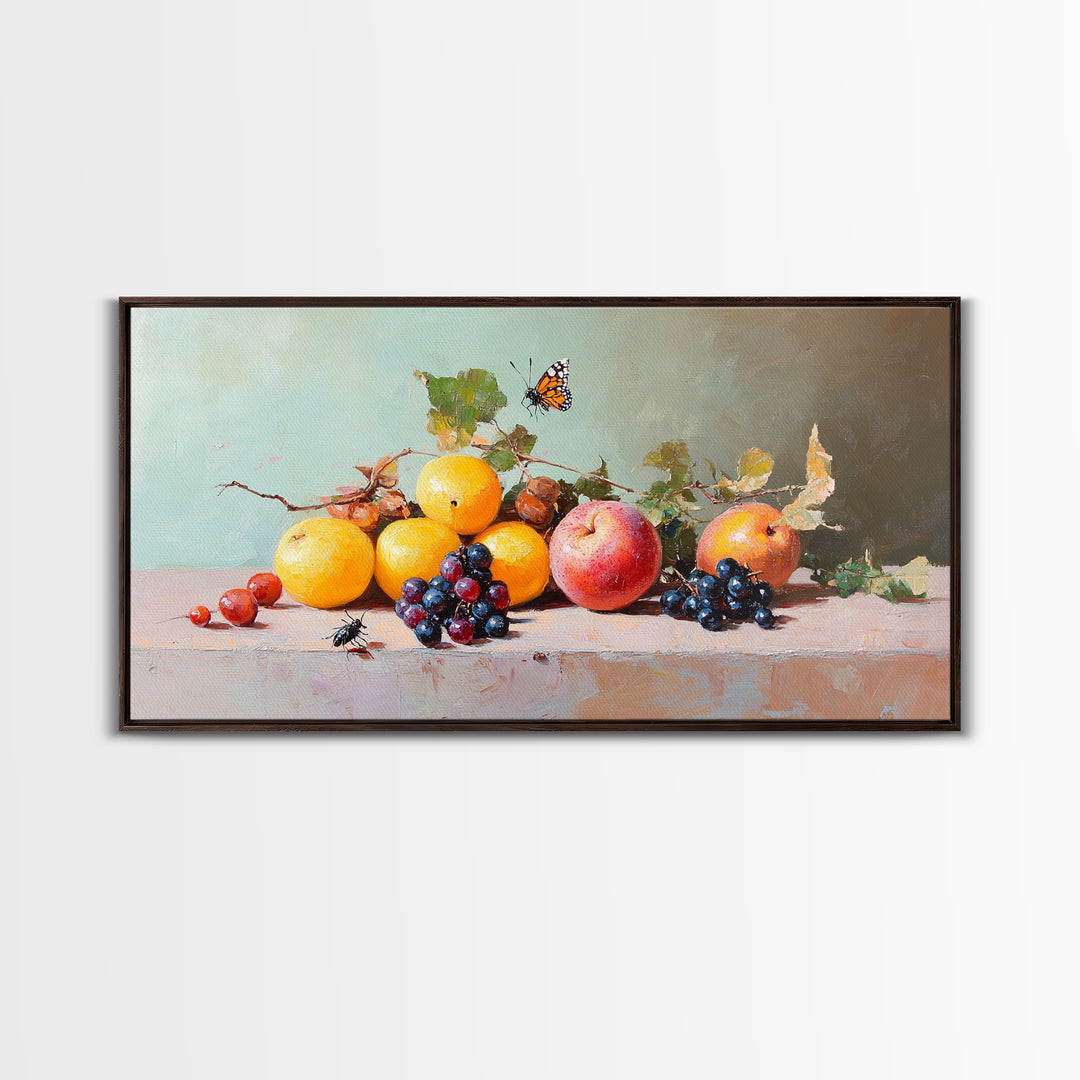 Oranges Grapes Apple Still Life With Butterfly, Canvas Print, Fruit Art, Kitchen Wall Art, Botanical Decor, Dining Room Print