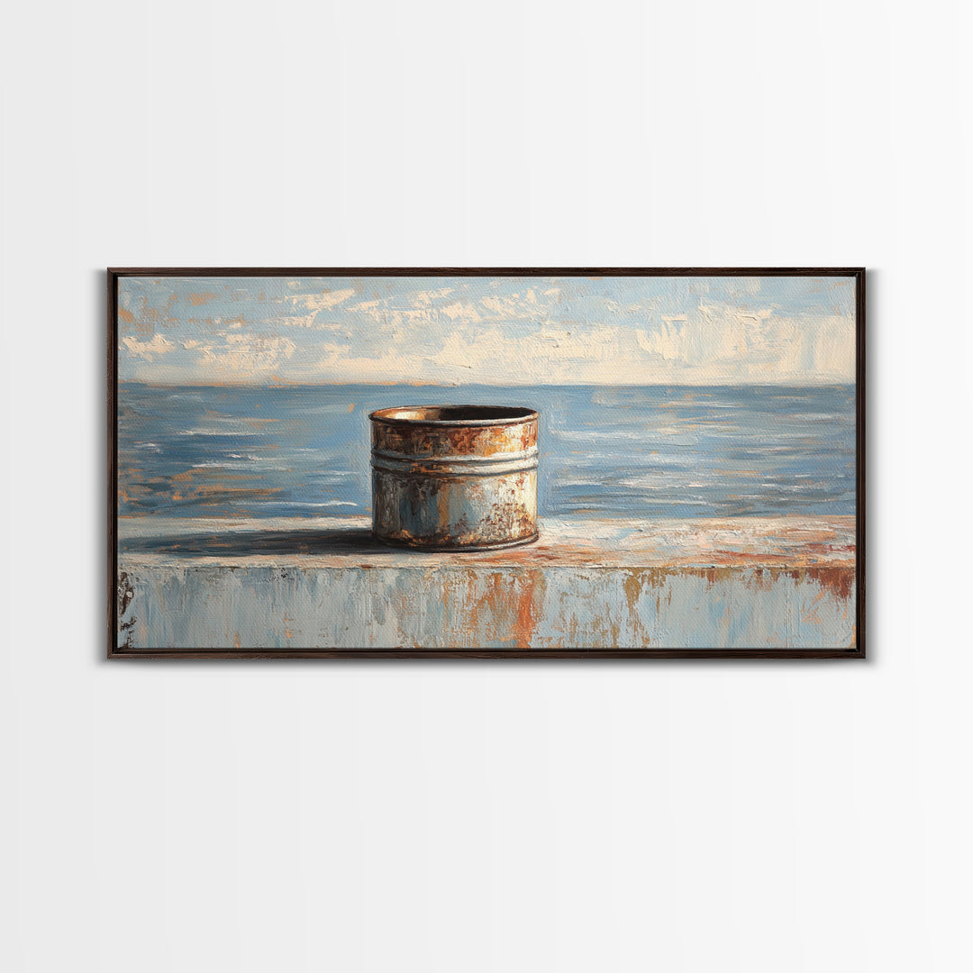 Rusty Tin Can By Blue Sea Wall Art, Coastal Industrial Still Life Canvas Print, Rustic Beach House Decor For Living Room