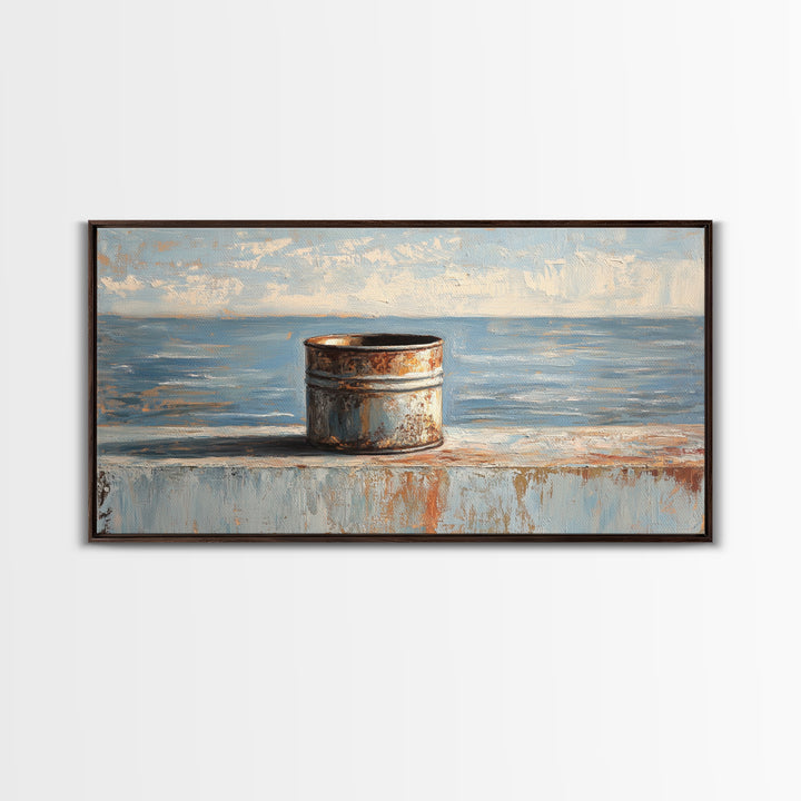 Rusty Tin Can By Blue Sea Wall Art, Coastal Industrial Still Life Canvas Print, Rustic Beach House Decor For Living Room