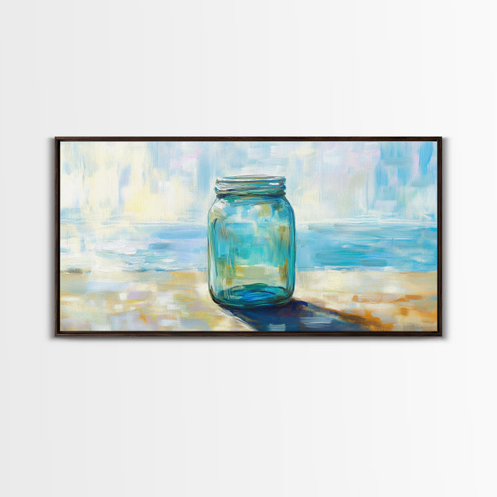 Blue Glass Mason Jar Wall Art, Coastal Still Life Canvas Print, Minimalist Beach House Decor For Kitchen Or Bathroom Art