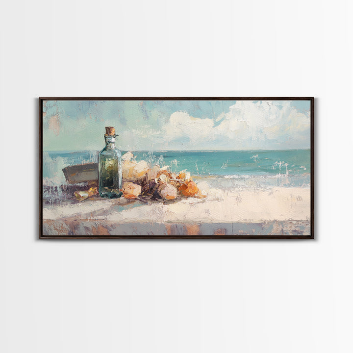 Sea Glass Bottle And Seashells Wall Art, Coastal Beach Framed Canvas Print, Nautical Decor For Bathroom Or Entryway Wall Decor