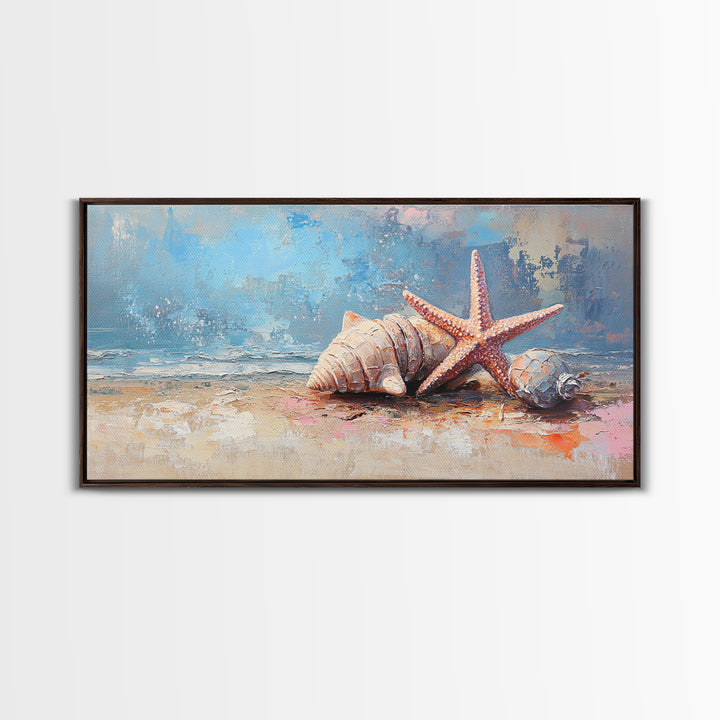 Starfish And Seashells On Sandy Shore Wall Art, Coastal Ocean Canvas Print, Beach House Decor For Bathroom Or Bedroom Wall Decor
