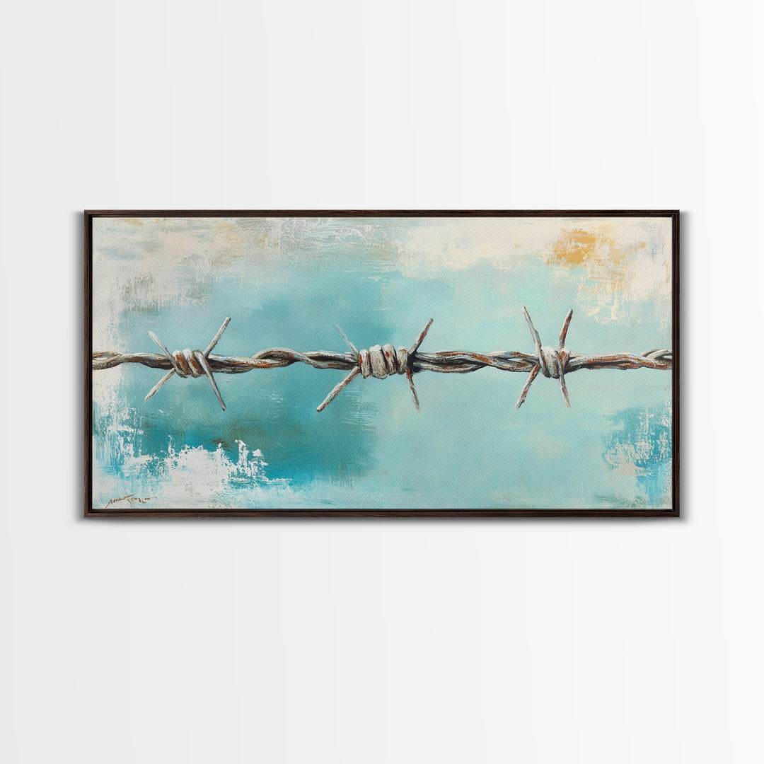 Rusty Barbed Wire Against Turquoise Sky Wall Art, Western Industrial Canvas Print, Modern Rustic Farmhouse Decor For Entryway