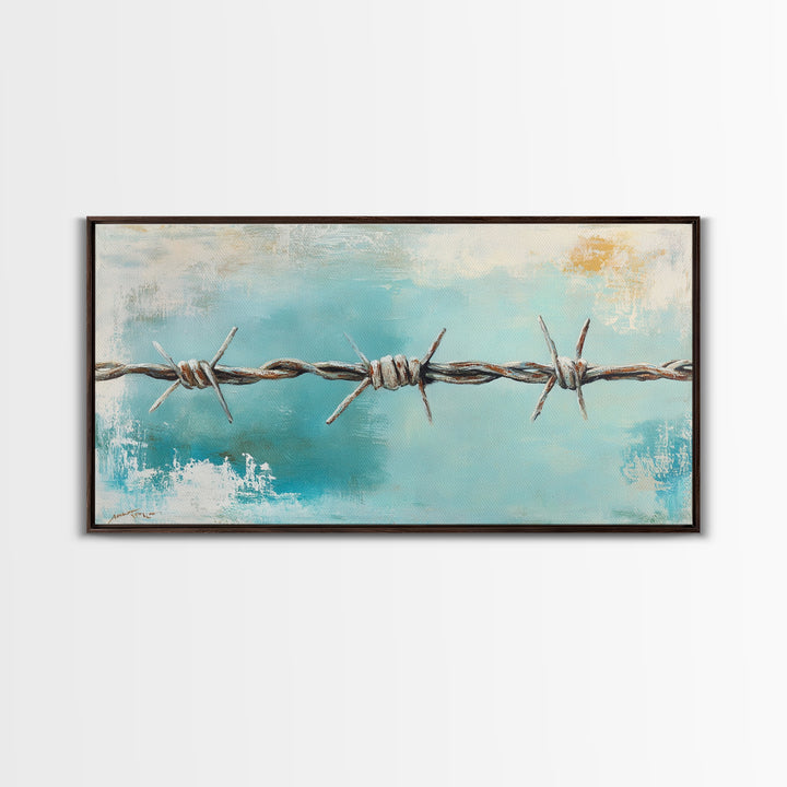 Rusty Barbed Wire Against Turquoise Sky Wall Art, Western Industrial Canvas Print, Modern Rustic Farmhouse Decor For Entryway