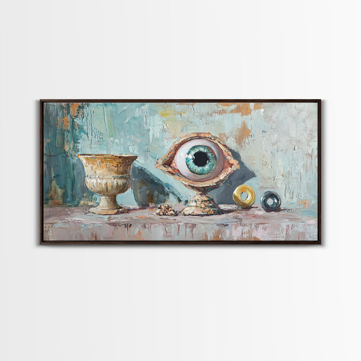 Surreal Blue Eye Relic And Antique Urn Wall Art, Mystical Eclectic Framed Canvas Print, Dark Academia Office Decor For Library