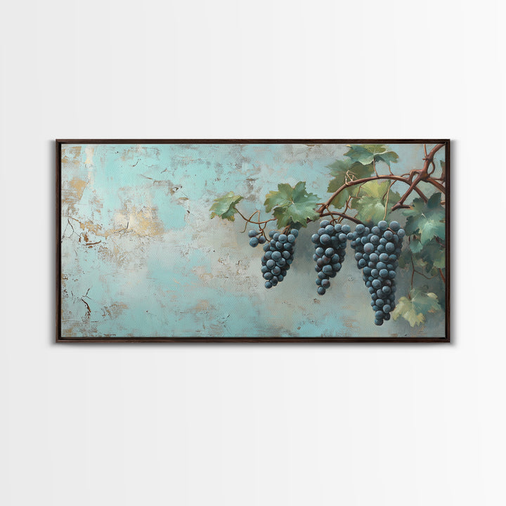 Blue Grapes On Vine Wall Art, Rustic Kitchen Decor, Vineyard Painting, Wine Country Print, Farmhouse Dining Room Canvas Art