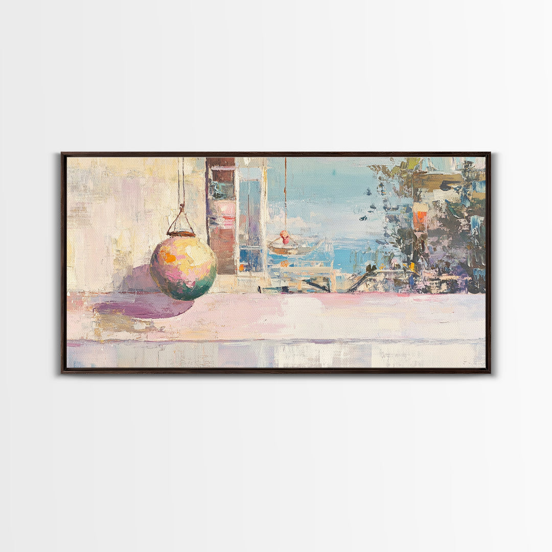 Pastel Seaside Window Canvas Print, Coastal Wall Art, Mediterranean Beach House Decor, Soft Ocean View Living Room Print