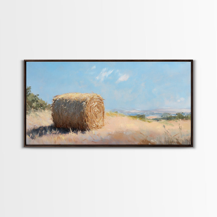 Golden Hay Bale Landscape Wall Art, Rustic Farmhouse Decor, Country Field Painting, Nature Print For Living Room Wall Decor