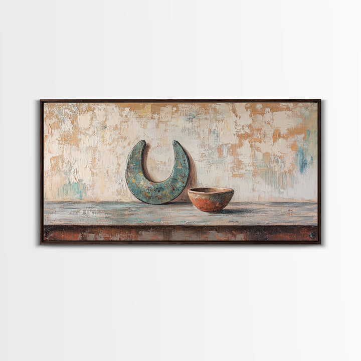 Turquoise Crescent Moon And Rustic Bowl Wall Art, Wabi Sabi Decor, Southwestern Still Life, Neutral Framed Canvas Print, Home Decor